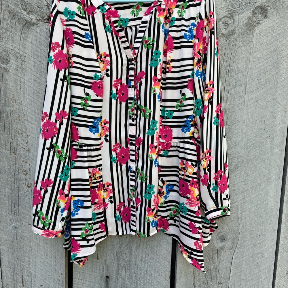 Notations Striped Floral Button-Up Blouse in White, Black & Bright Florals L
